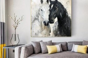 Beige & Black Textured Abstract Horse Art #AT011